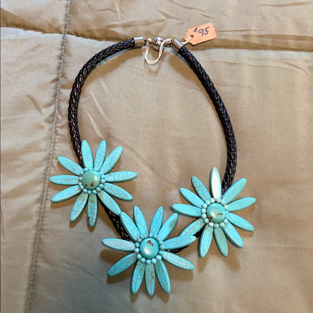 Turquoise Floral Necklace with Black Cord